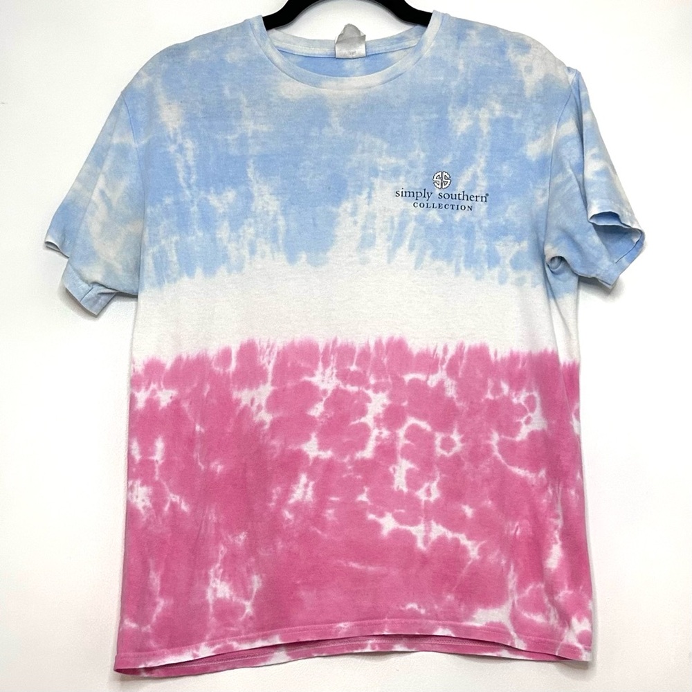 Pink, White & Blue Tie-Dye Simply Southern graphic Tee, size M